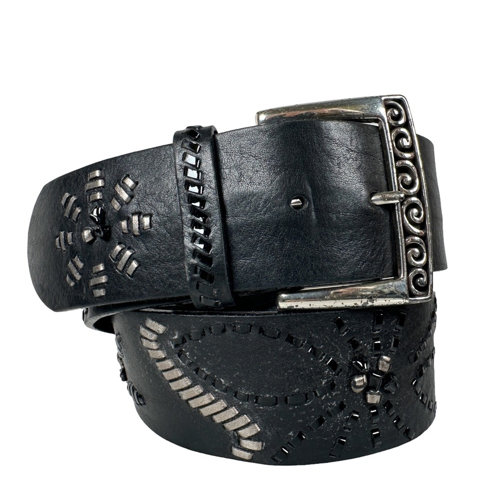 Brighton Black Leather Belt Silver‎ wide floral opera whipstitch bohemian biker